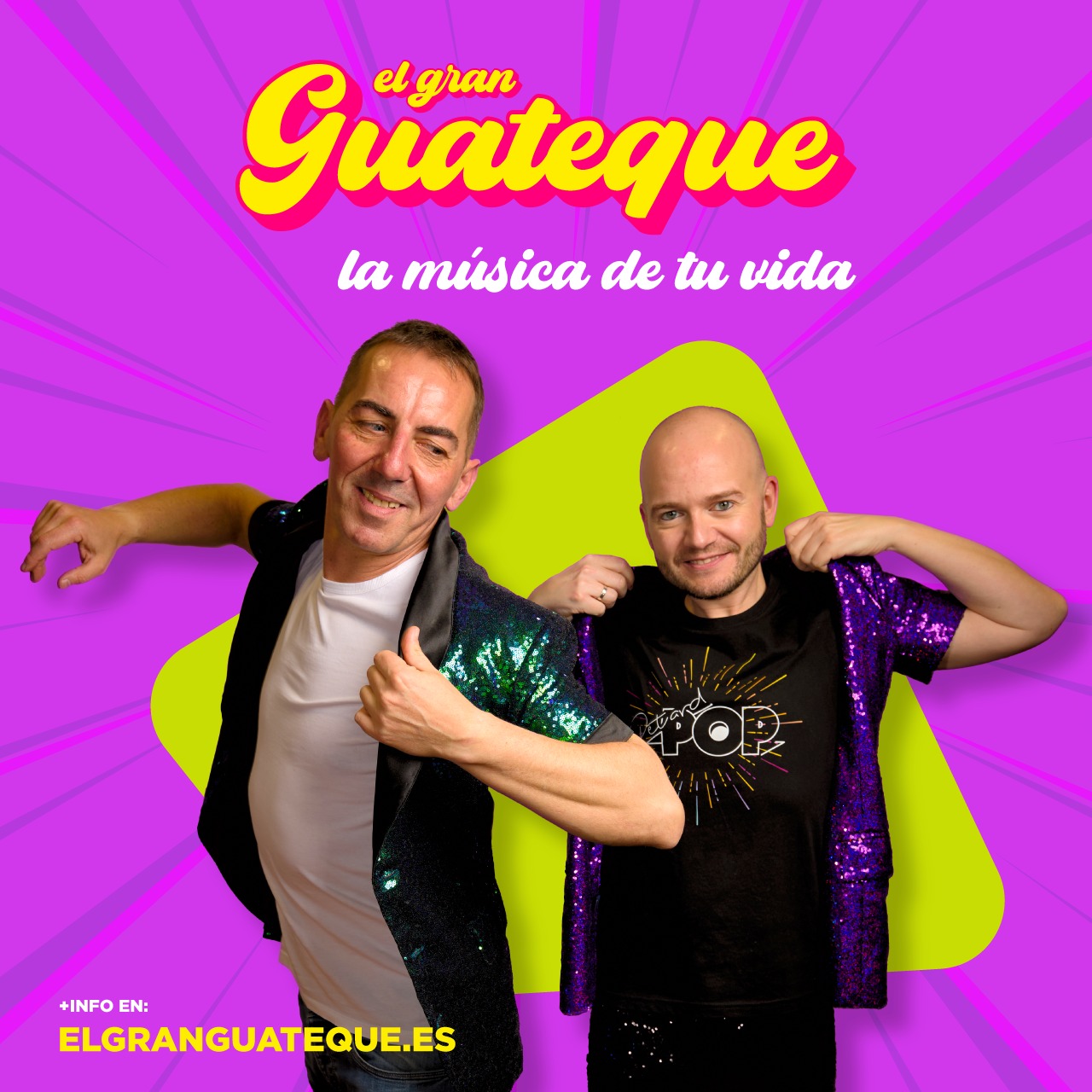 X.avi PetardPop y Edi FM sonriendo y sujetando chaquetas de brillantina desde los hombros, show El Gran Guateque Video Verbena