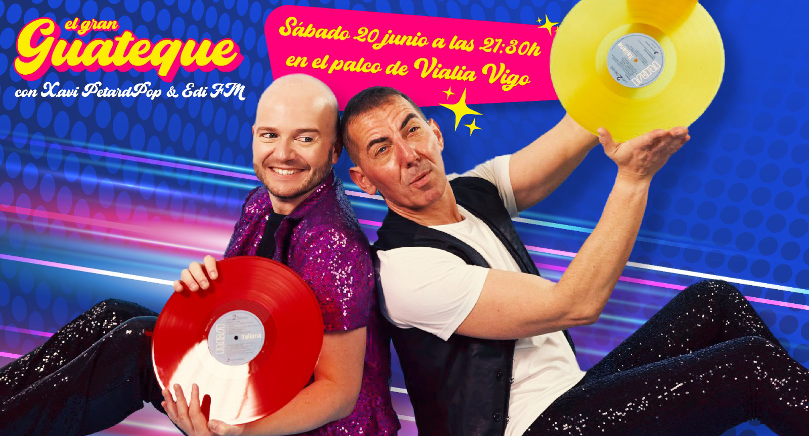 X.avi PetardPop y Edi FM en El Gran Guateque, espectáculo musical retro en directo, escenario iluminado con bola de espejos y público bailando